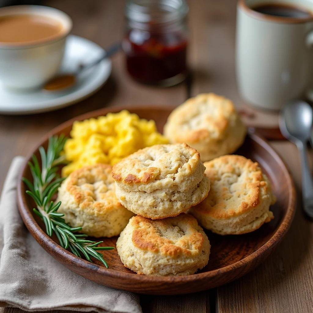 Fluffy sourdough discard biscuits garnished with rosemary, served with scrambled eggs, coffee, and jam on a wooden breakfast table