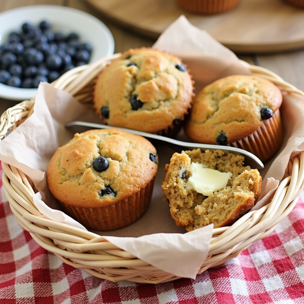 Basket of sourdough discard muffins in blueberry, chocolate chip, and plain flavors on a checkered tablecloth with butter being spread on a muffin