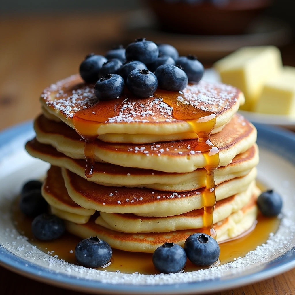 Golden-brown sourdough discard pancakes topped with fresh blueberries, maple syrup, and powdered sugar in a cozy rustic kitchen setting