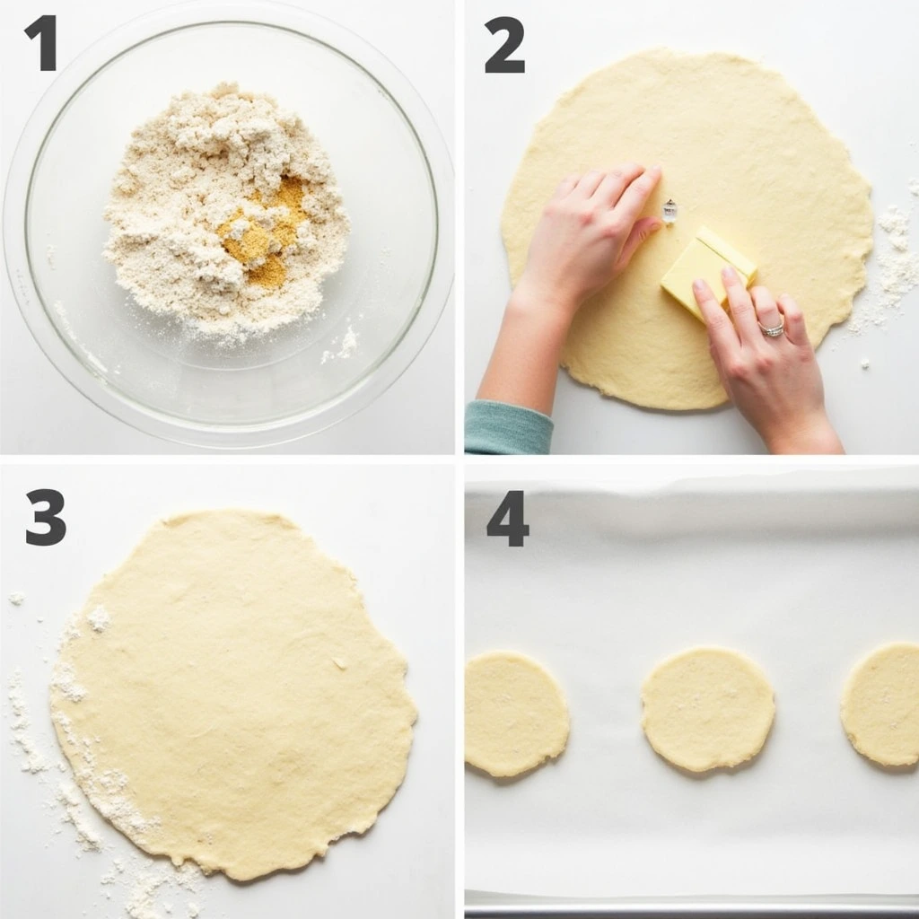 Step-by-step preparation of einkorn biscuit dough: measuring flour, cutting in butter, rolling out dough, and cutting biscuit rounds.