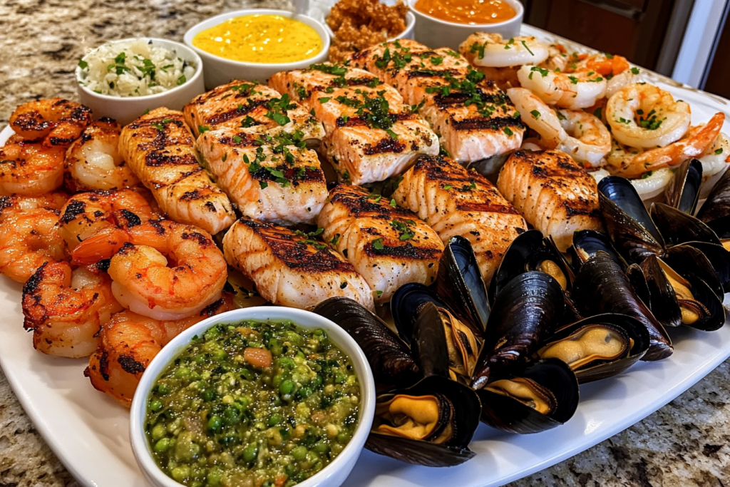 Assorted seafood platter with various sauces you eat with seafood, including grilled shrimp, baked salmon, and crispy calamari