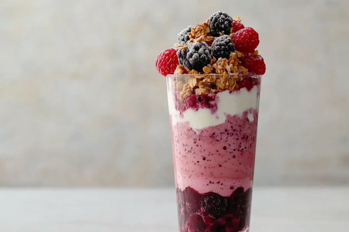 A colorful berry and yogurt parfait in a clear glass.