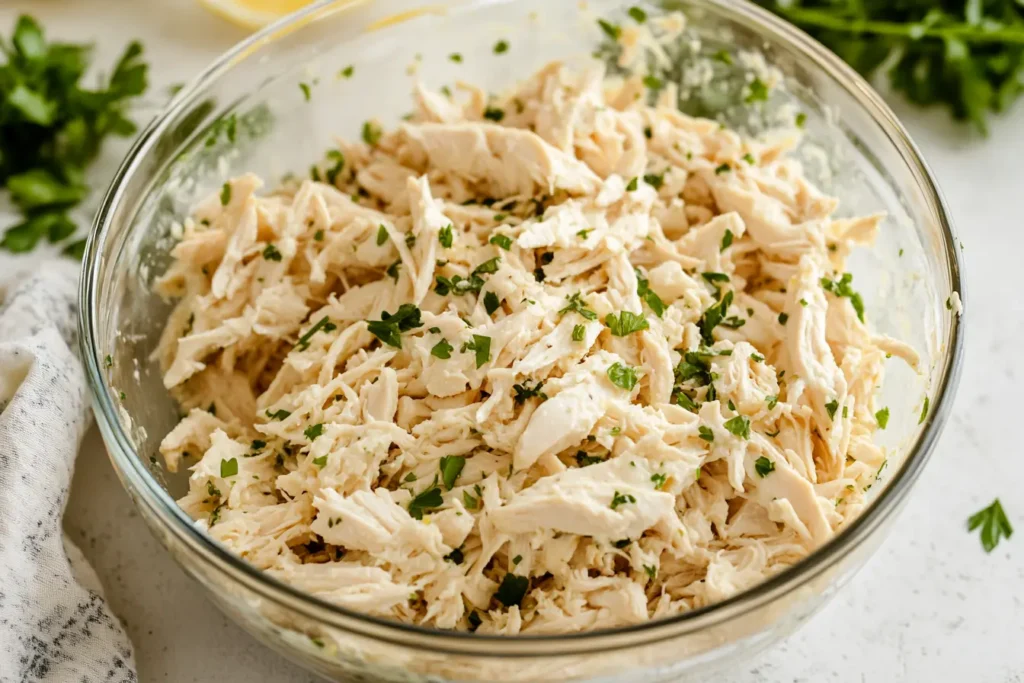 Shredded chicken being mixed into zesty lemon dressing.