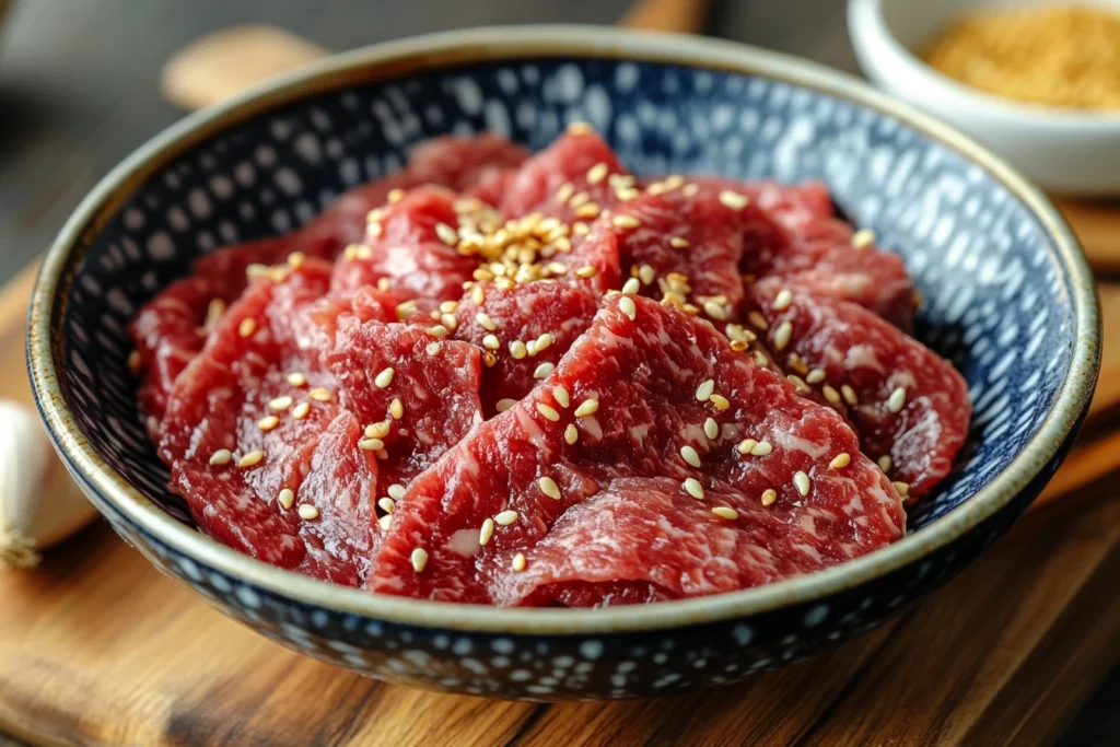 Thinly sliced beef marinating for a Korean Beef Bowl.