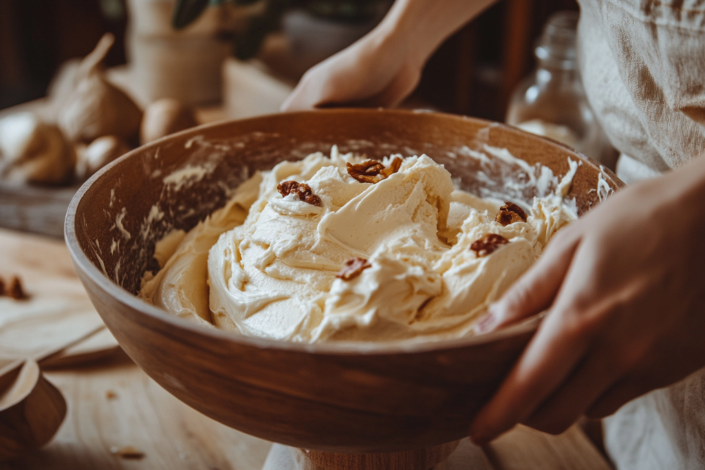 Mixing ingredients for churro cheesecake filling in a bowl.