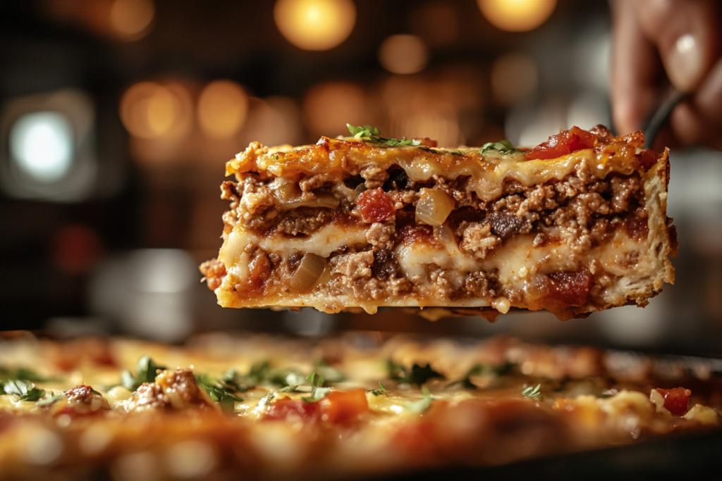 Close up of a slice of naturally made cowboy casserole