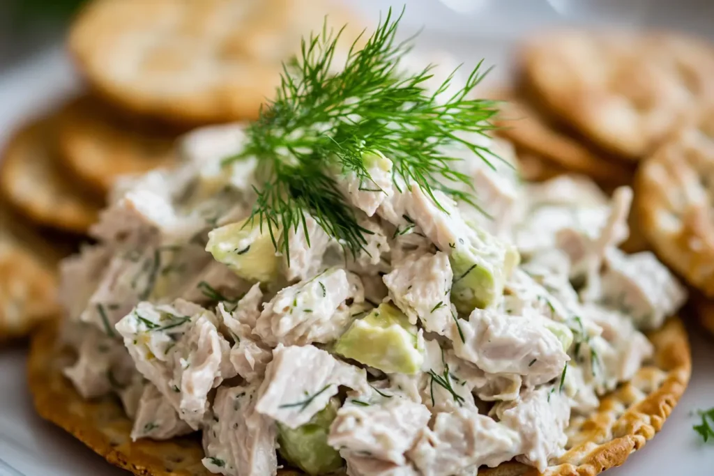 Avocado Tuna Salad on a whole grain cracker with dill.