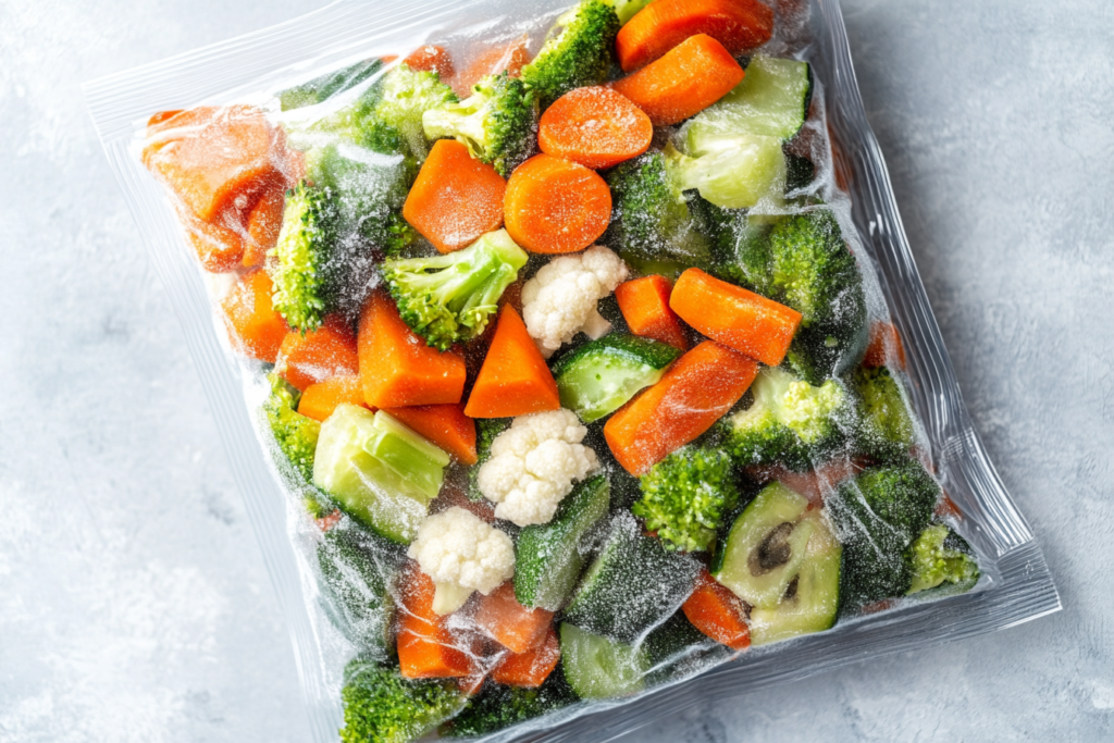 Colorful frozen stir-fry veggies in a bag.
