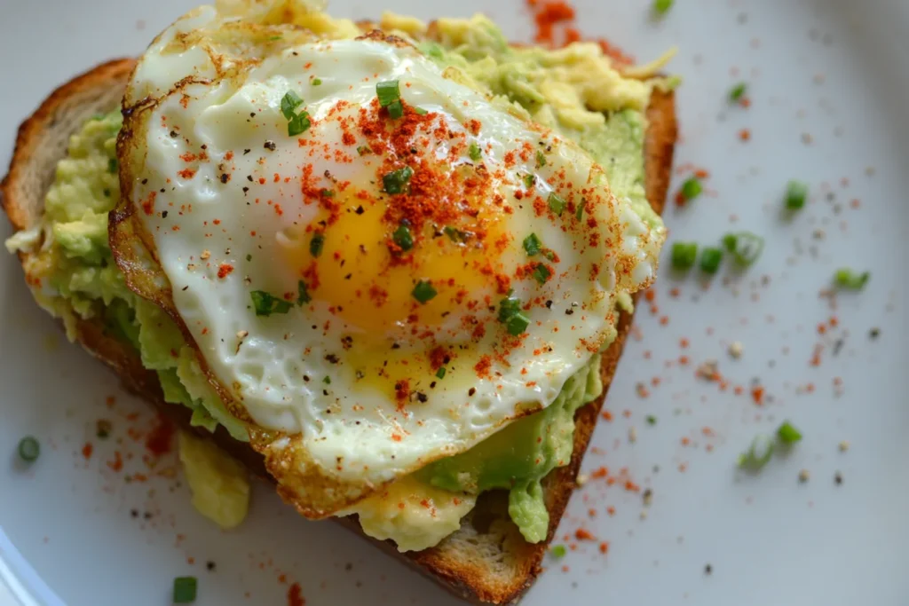 A close-up of delicious avocado and egg toast with a runny egg.