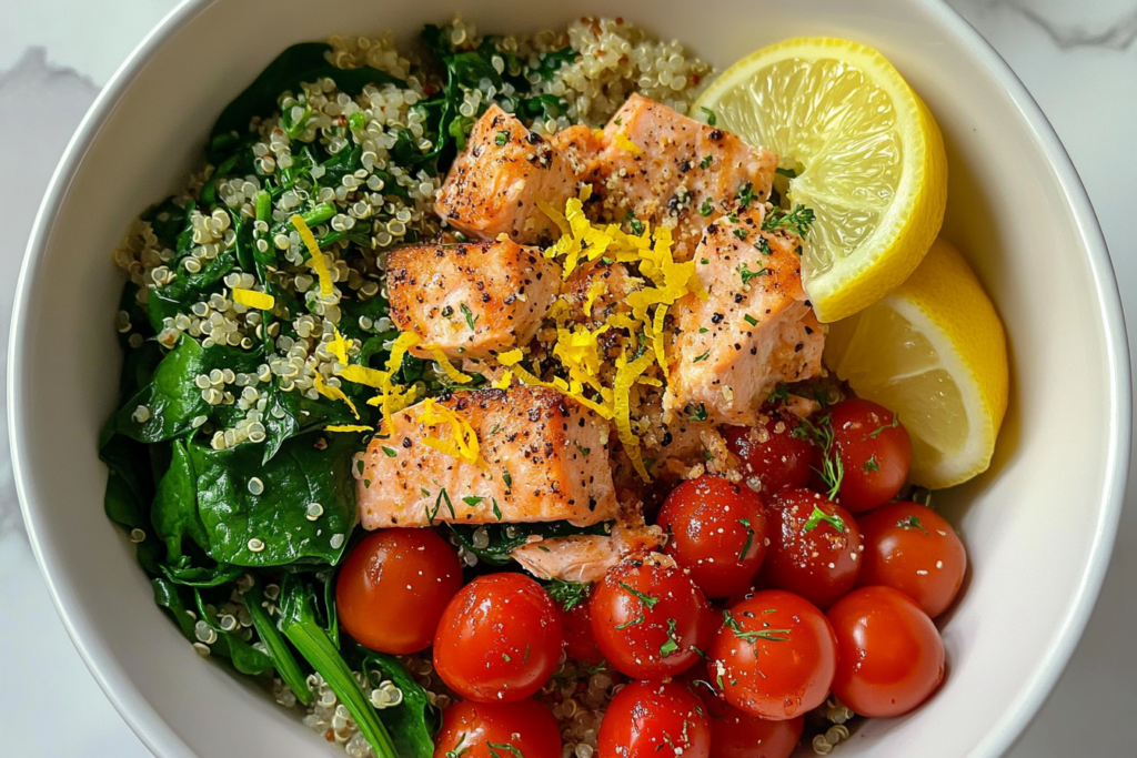 Overhead view of Easy Salmon Breakfast Ideas (High Protein Breakfasts!) on a kitchen table