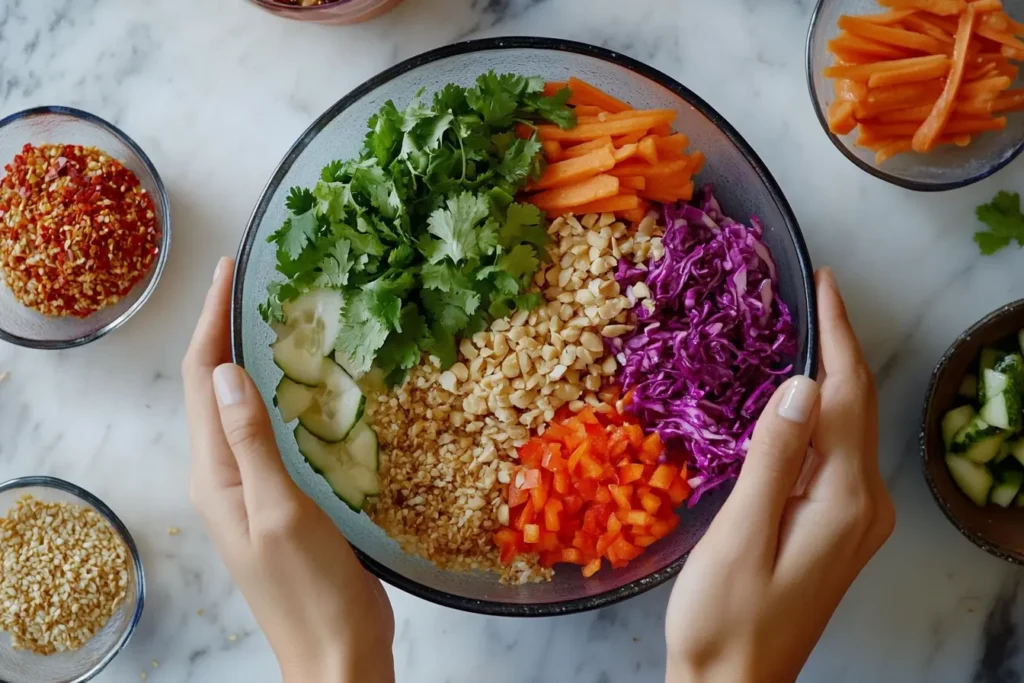 Hands assembling a colorful Buddha Bowl with fresh ingredients.