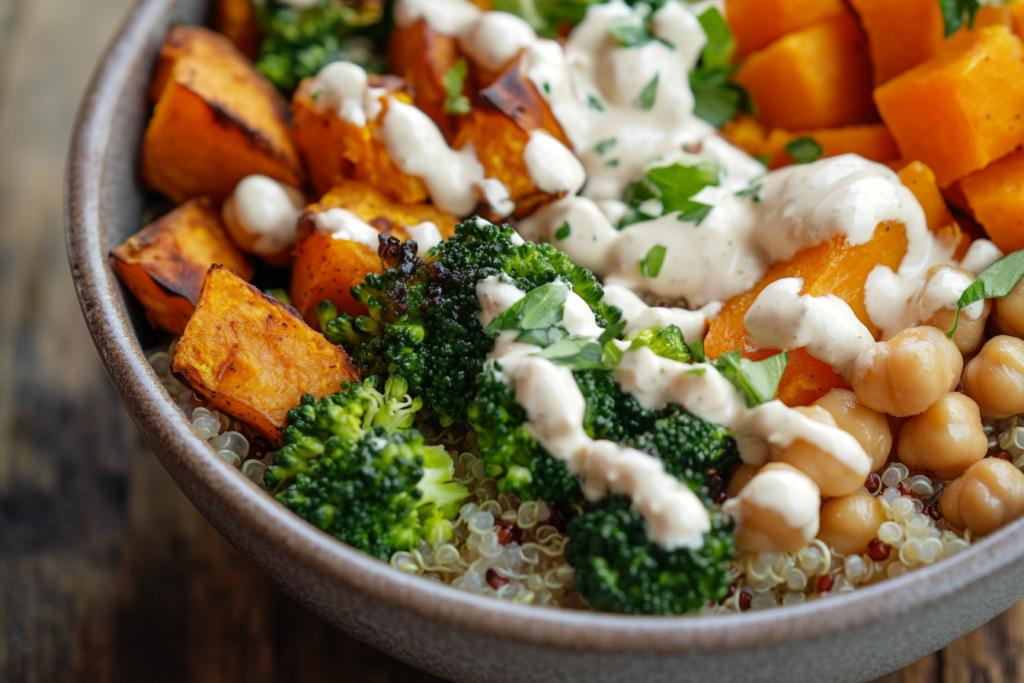 Close-up of a naturally gluten free quinoa bowl with roasted vegetables and chickpeas, showcasing a satisfying gluten free lunch recipe