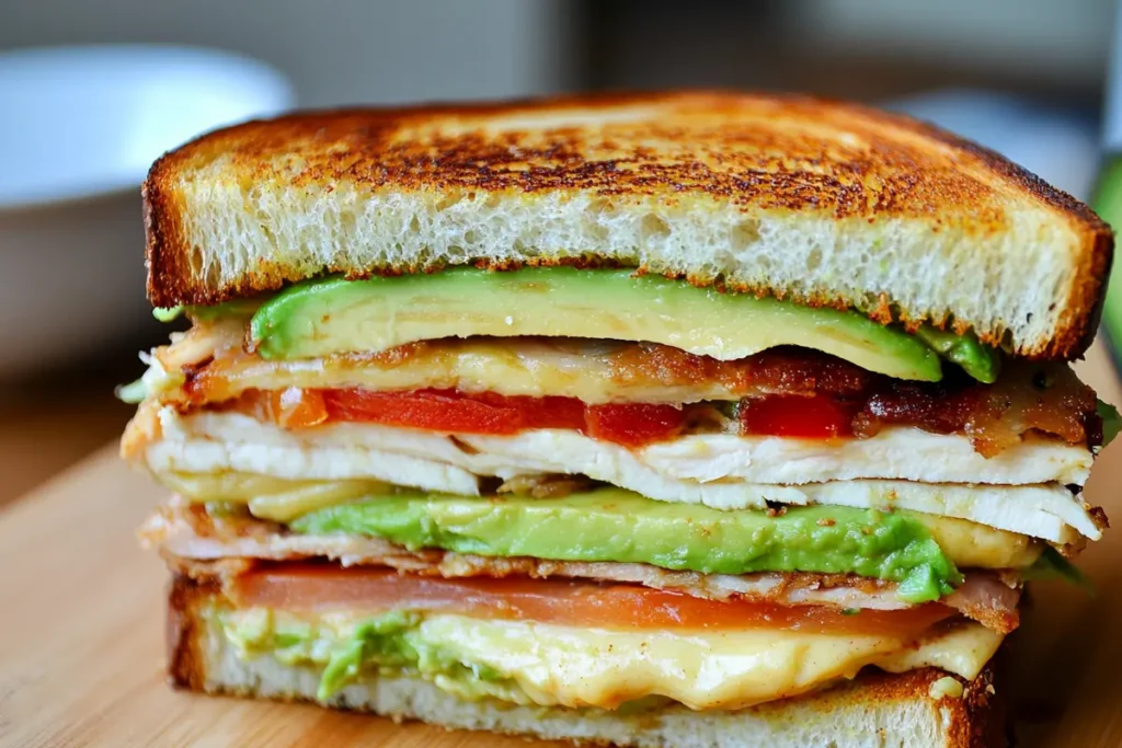 Avocado and Turkey Club Sandwich cut in half