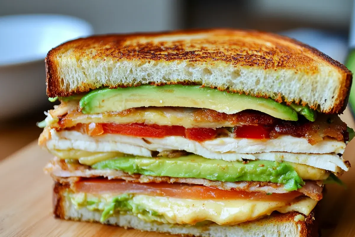Avocado and Turkey Club Sandwich cut in half
