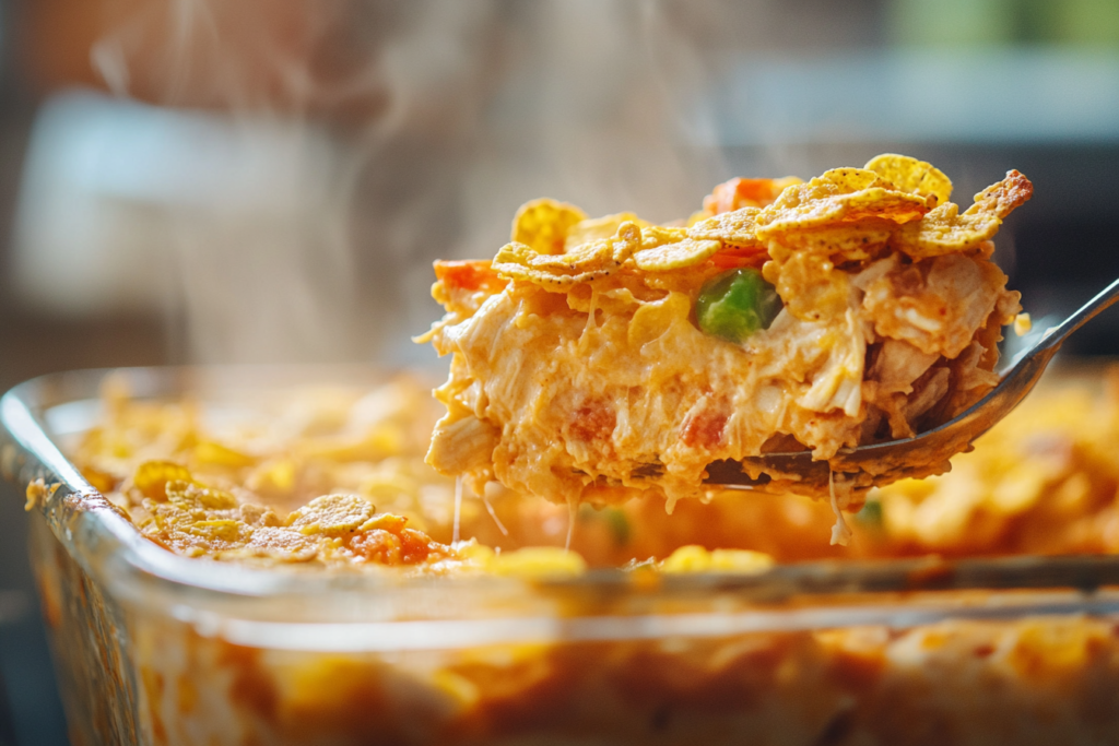 Close-up of chicken dorito casserole with visible layers.