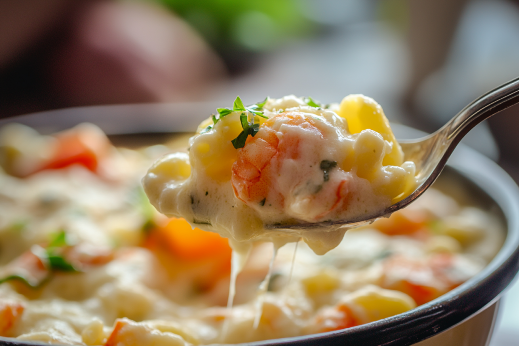 Seafood mac and cheese, freshly prepared.