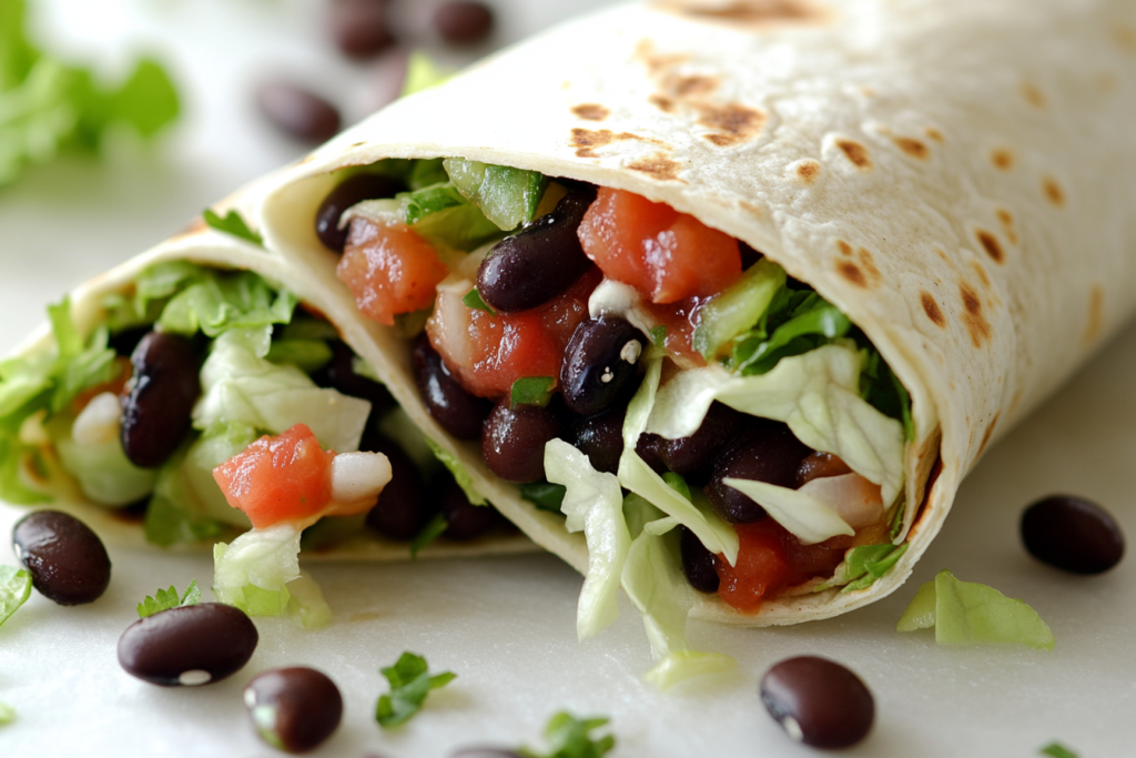 Spicy vegan black bean wrap with shredded lettuce.