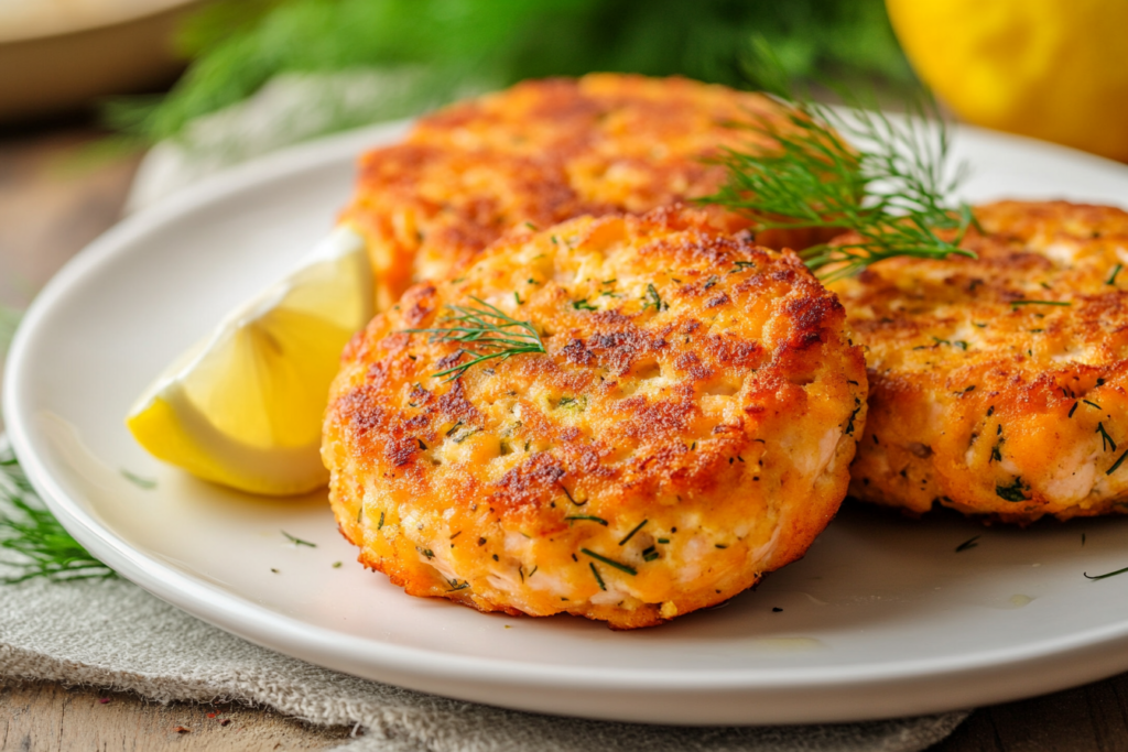 Old fashioned salmon patties recipe on a plate, golden brown and delicious