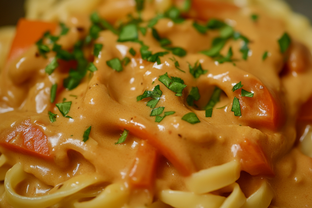 Vegan peanut noodles with vegetables.