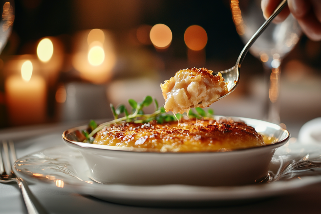 Close-up of the savory crab brûlée with a broken sugar crust.