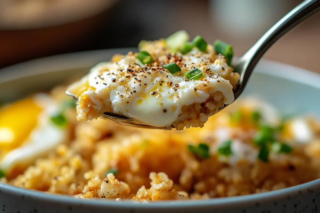Close-up of a spoonful of cauliflower rice breakfast bowl with scrambled eggs, showing texture and freshness.