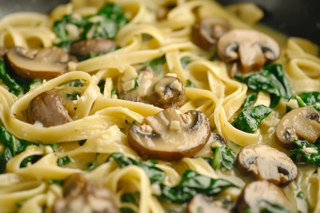Sautéing mushrooms and spinach for pasta sauce