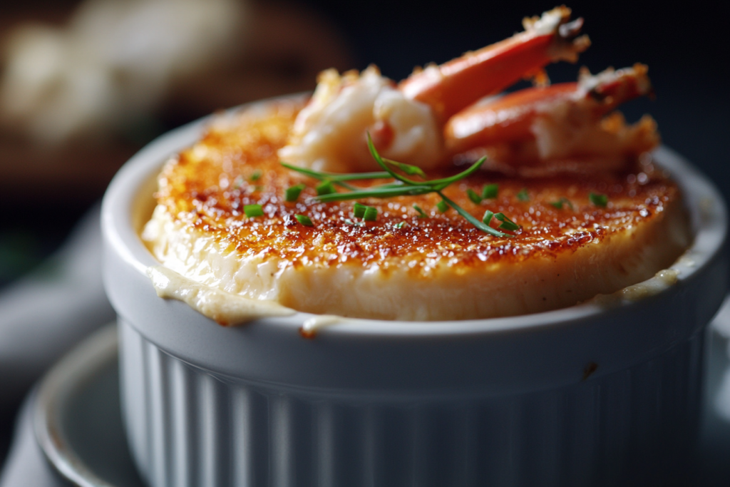 Savory crab brûlée recipe with caramelized sugar crust