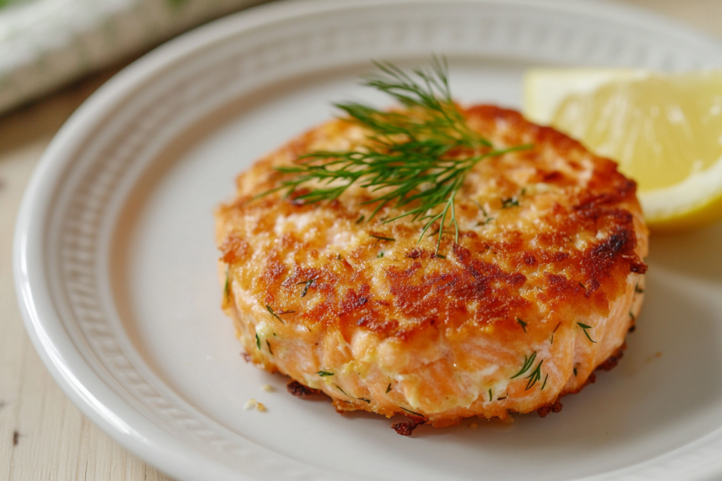 Golden brown old fashioned salmon patty recipe on a plate, garnished with dill and lemon.
