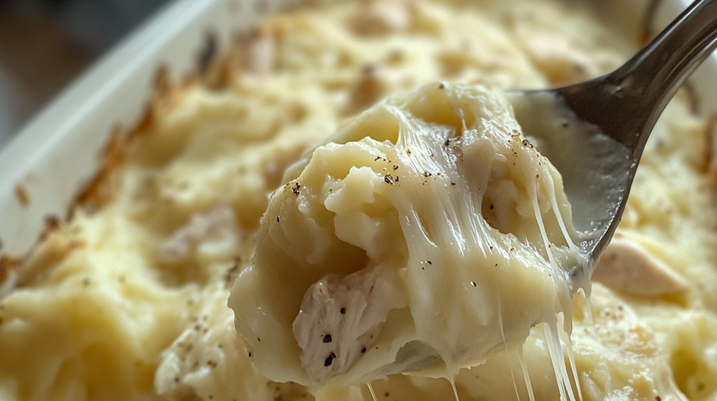 Creamy and Cheesy Mashed Potato Chicken Casserole with golden melted cheese