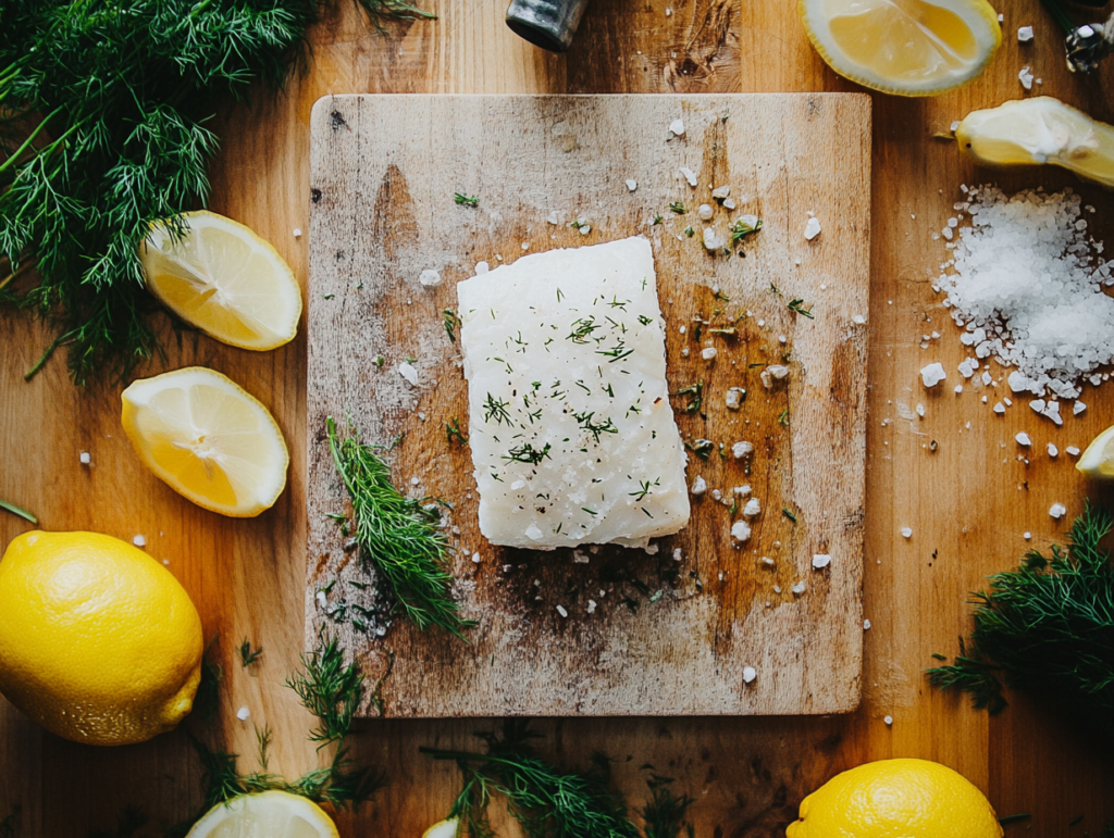 A fresh rockfish fillet on a cutting board with lemon wedges, dill, and salt