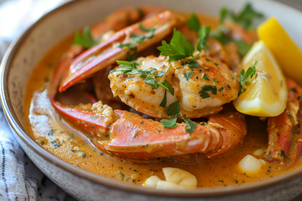Close-up top-down view of homemade seafood boil sauce garnished with lemon and parsley