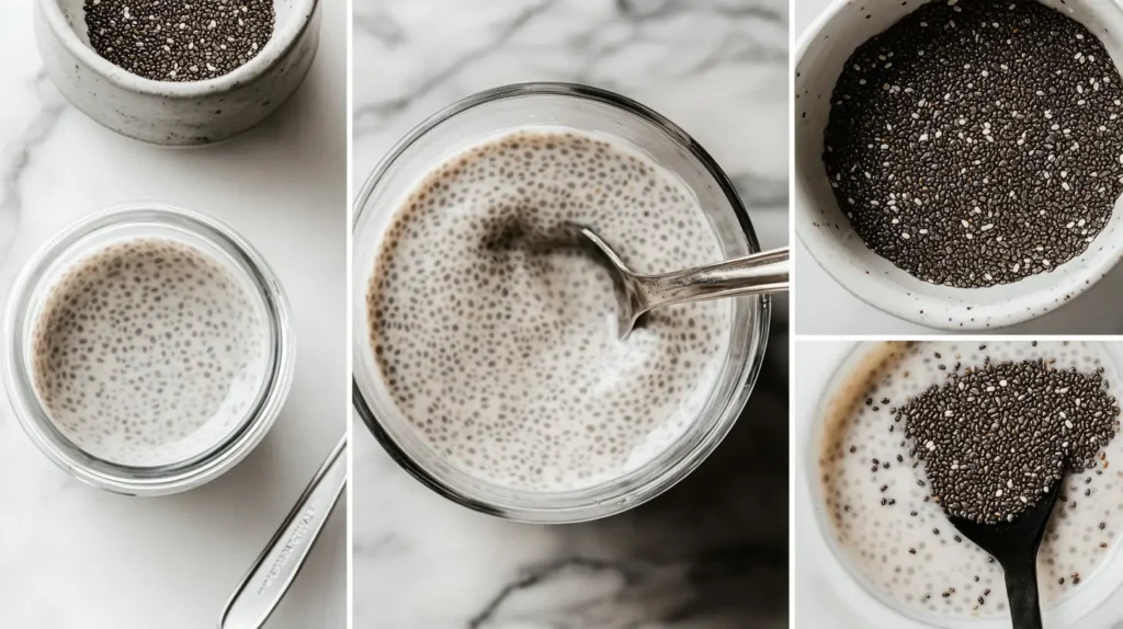 Step-by-step collage showing how to prepare chia seed pudding