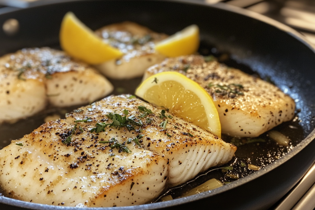 A perfectly pan-fried rockfish fillet with crisp, golden edges served alongside lemon wedges and fresh herbs