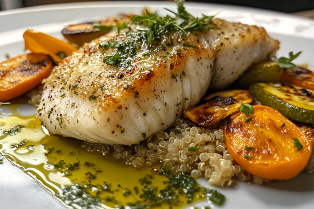 A tender rockfish fillet atop quinoa and roasted vegetables, finished with a drizzle of fresh herb sauce