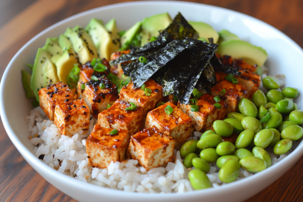 Vegan sushi bowl with tofu, edamame and avocado.