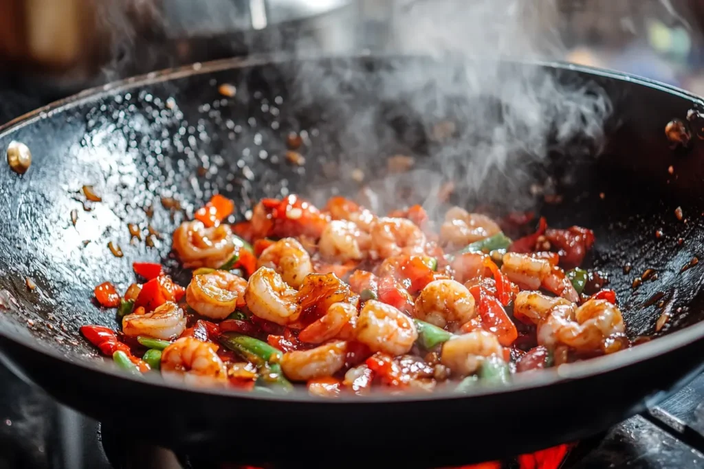 Cooking Honey Garlic Shrimp Stir-Fry in a wok