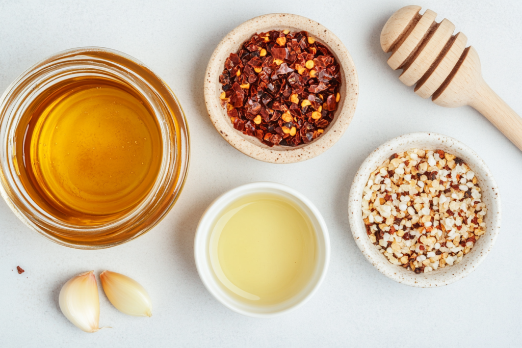Ingredients for a flavorful hot honey sauce recipe.