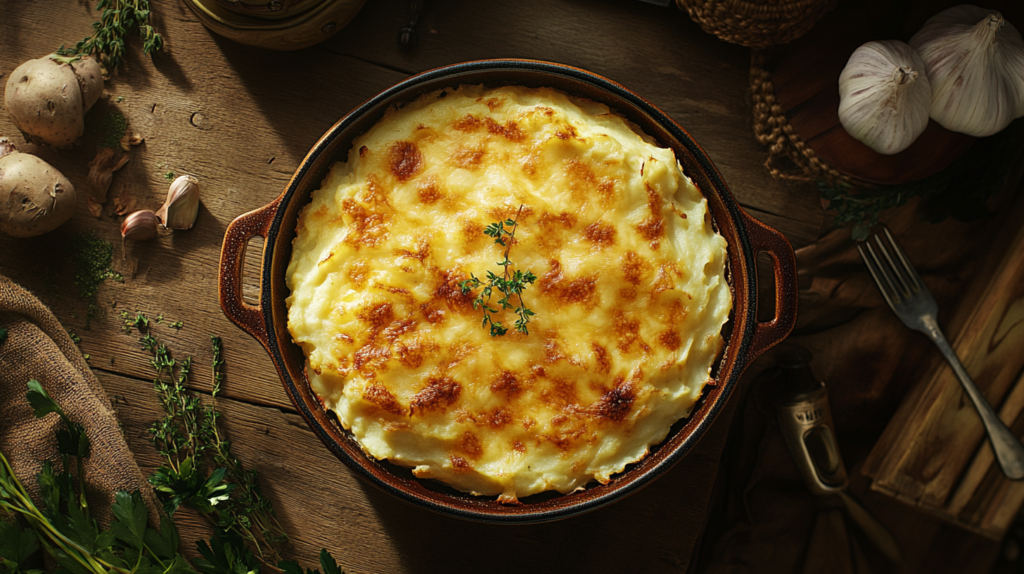 Creamy and Cheesy Mashed Potato Chicken Casserole with golden melted cheese