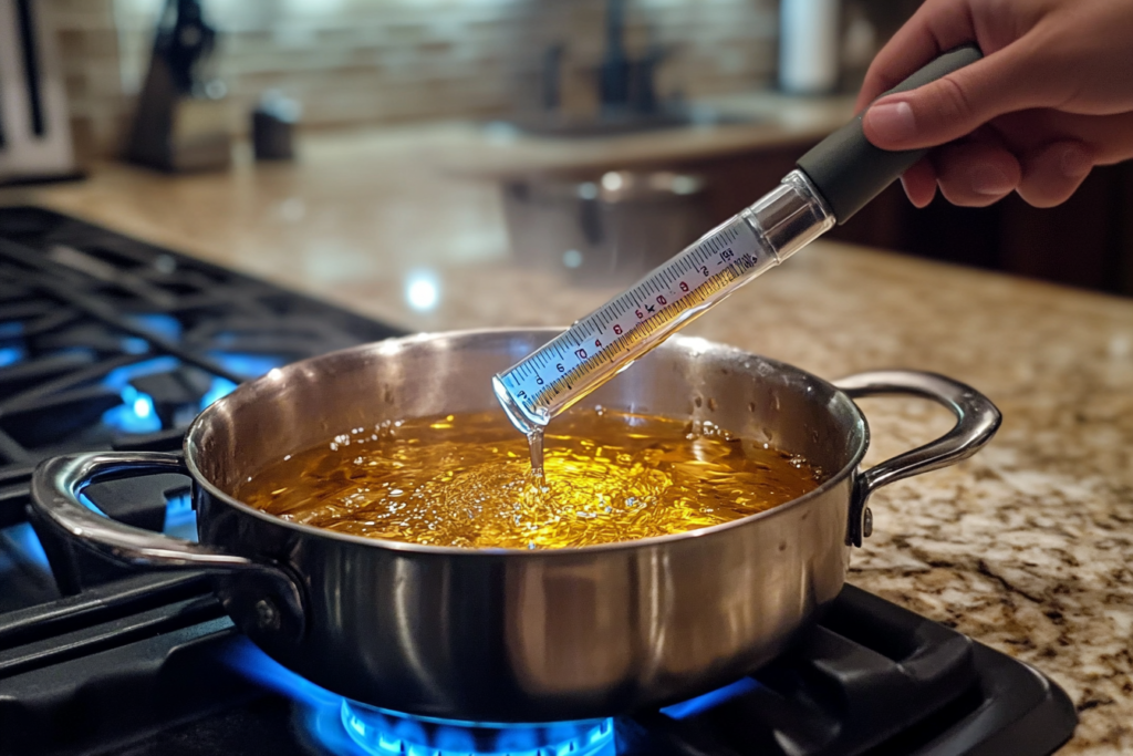 A cook using a thermometer to measure hot oil in a pot, showcasing the crucial step of controlling oil temperature when frying