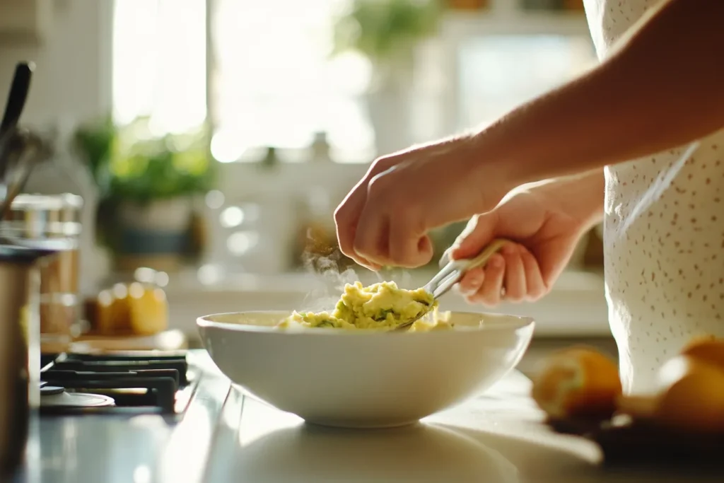 Hands mashing avocado for avocado and egg toast.