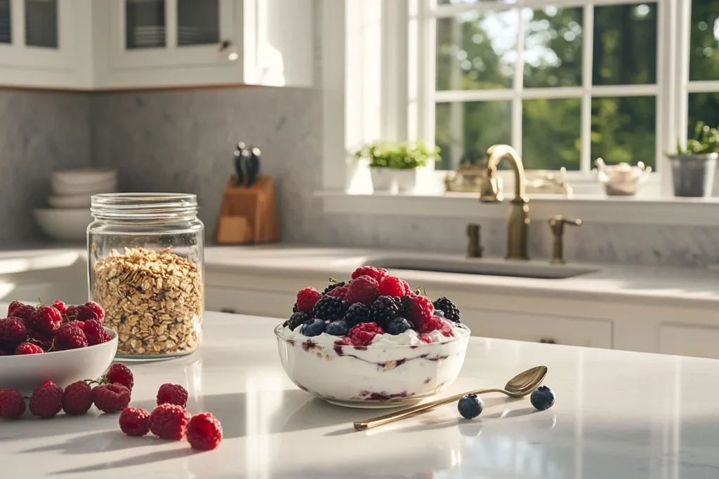 A bowl of yogurt parfait layered with fresh berries, including raspberries, blackberries, and blueberries, on a bright kitchen counter with a jar of oats and sunlight streaming through a window