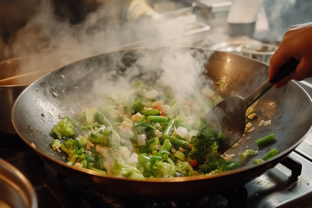 Cooking simple frozen stir-fry veggies in a pan.