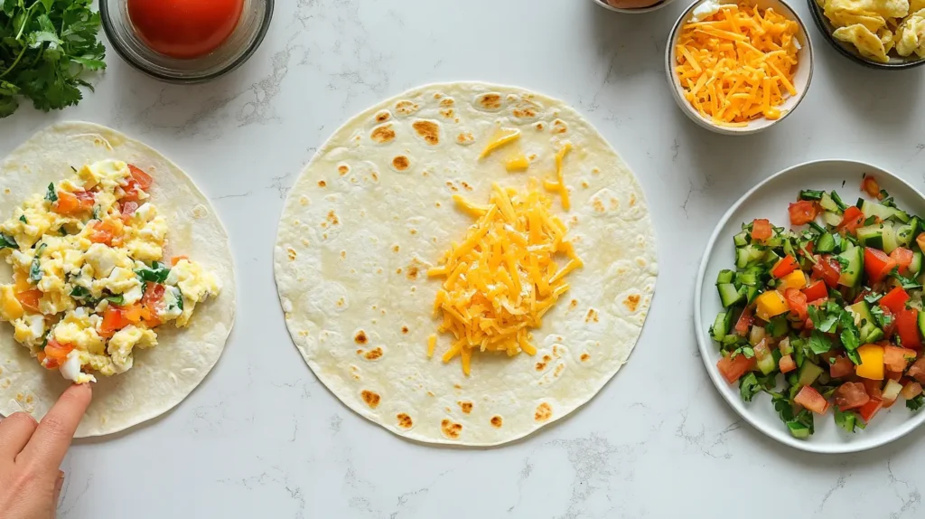 Step-by-step images showing the assembly of a breakfast quesadilla: laying out the tortilla, adding cheese, adding fillings, and folding
