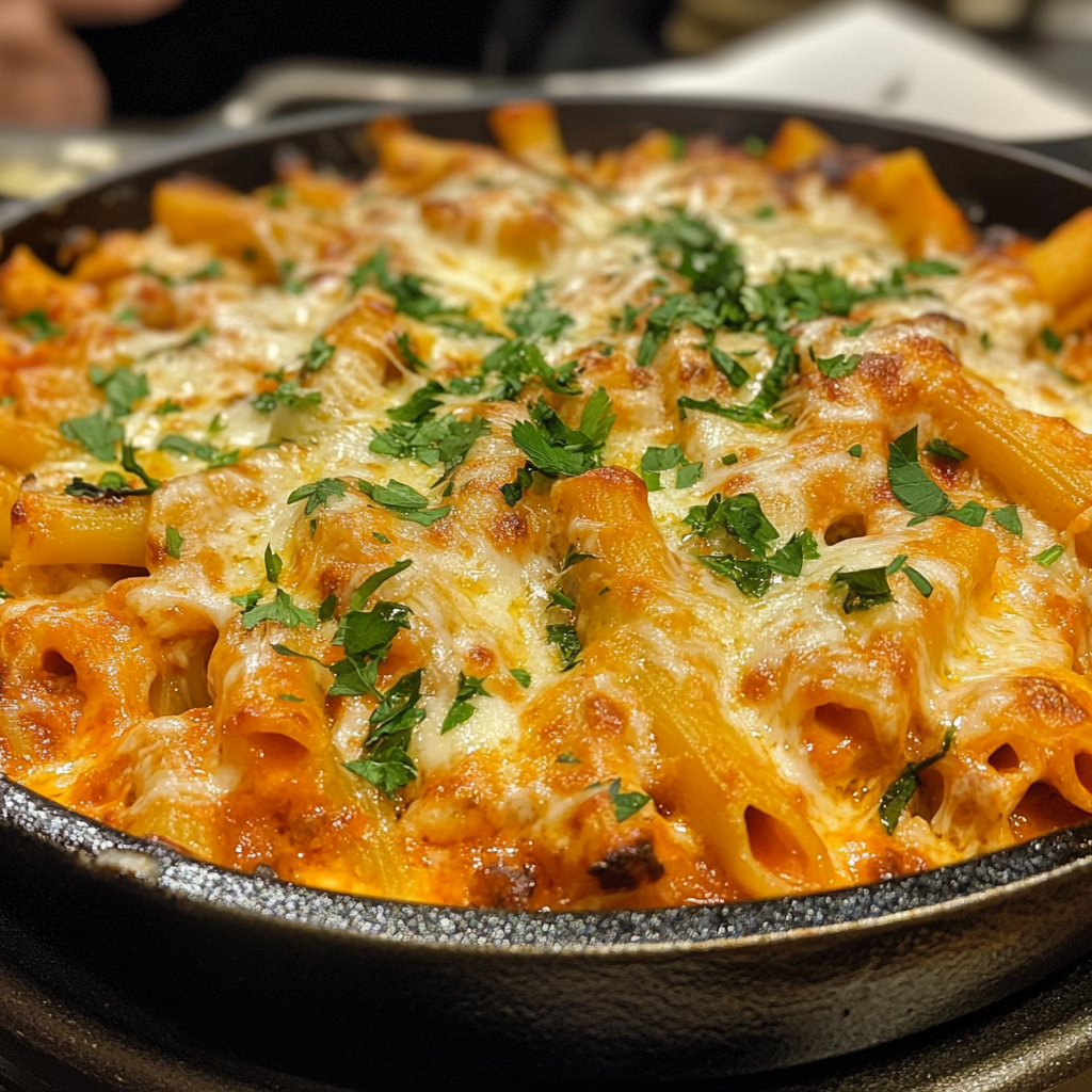 Golden-baked ziti with melted cheese and parsley garnish