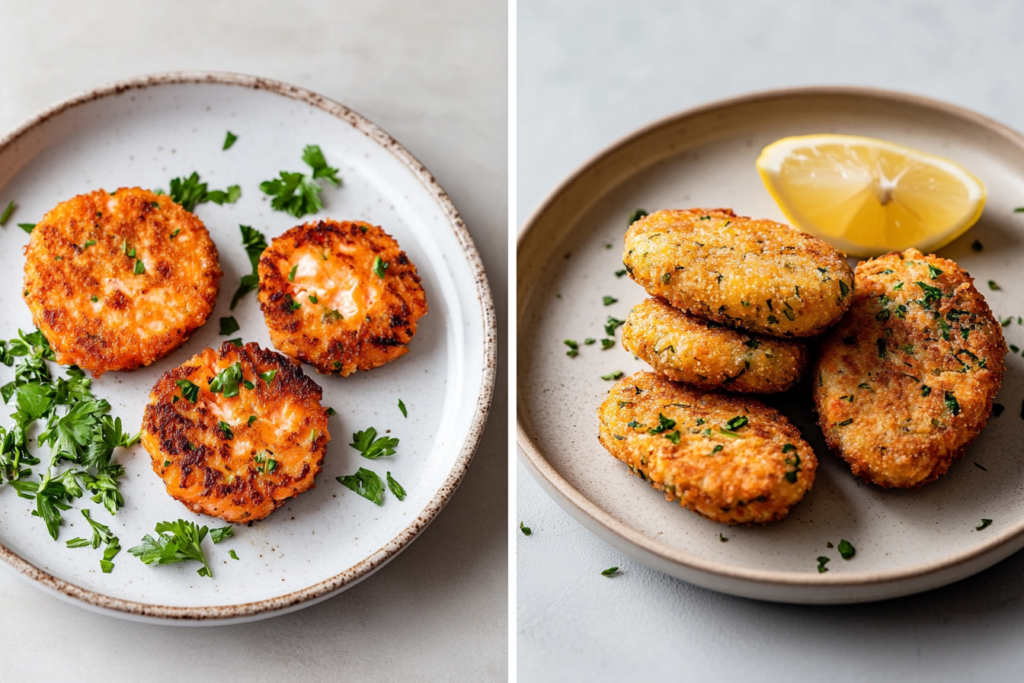 Visual comparison of salmon patties and salmon croquettes on separate plates