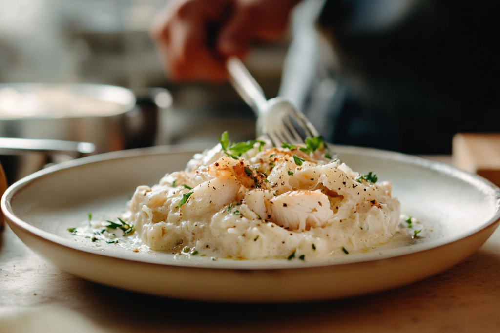 Serving of classic crab casserole recipe, with fresh herbs.