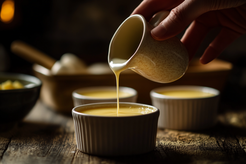 Image showing the process of preparing crème brûlée with custard being poured into a ramekin