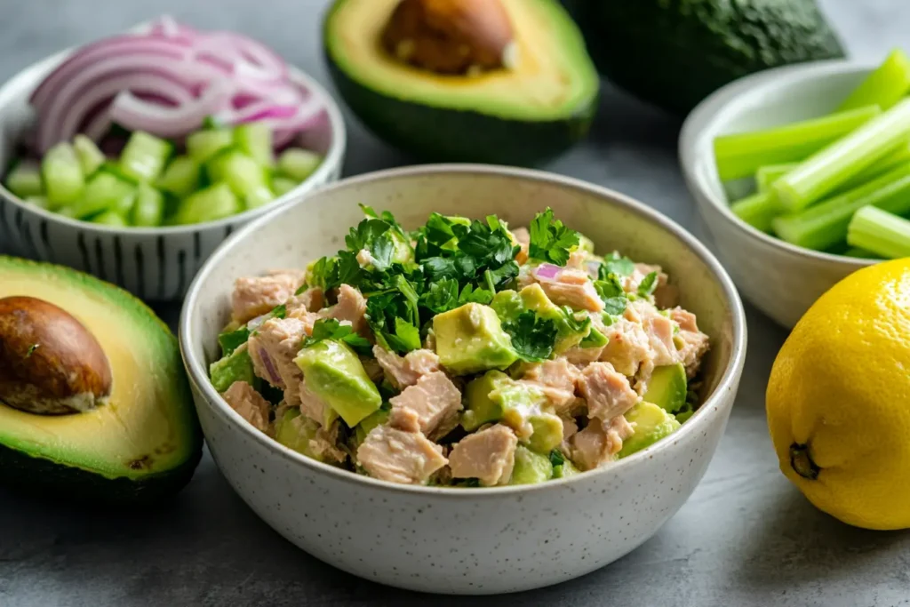 Avocado Tuna Salad ingredients displayed with a bowl of the salad.