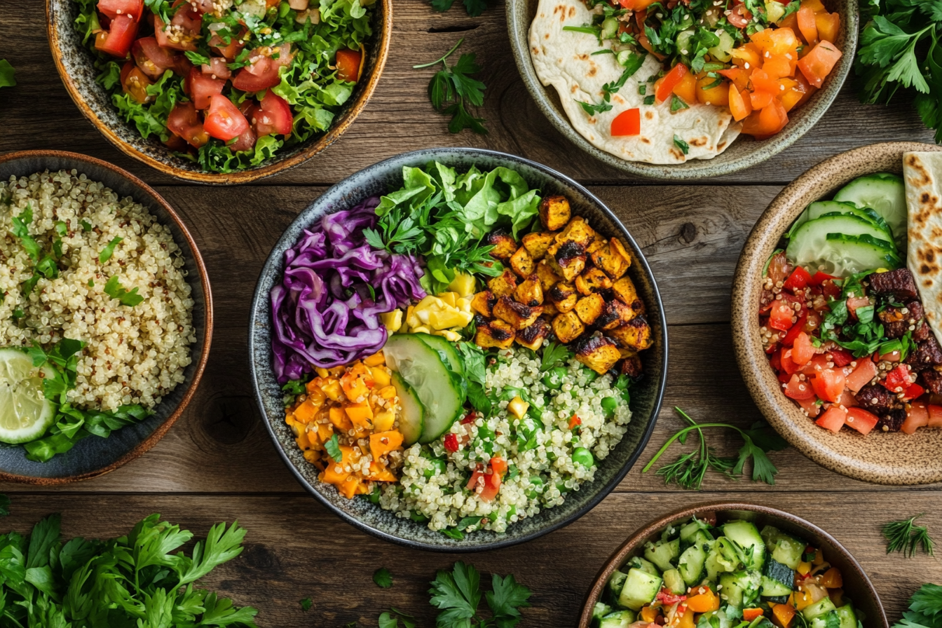 Naturally delicious gluten free lunch recipes shown in a variety of different bowls and platters.