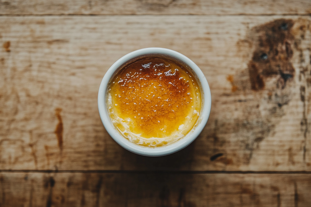 Close-up of a beautifully caramelized crème brûlée with a crackled sugar crust